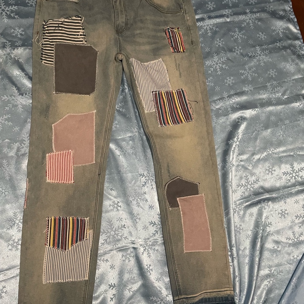 Taker Men's Patchwork Grey Jeans with Multicolor Stripe Accents
